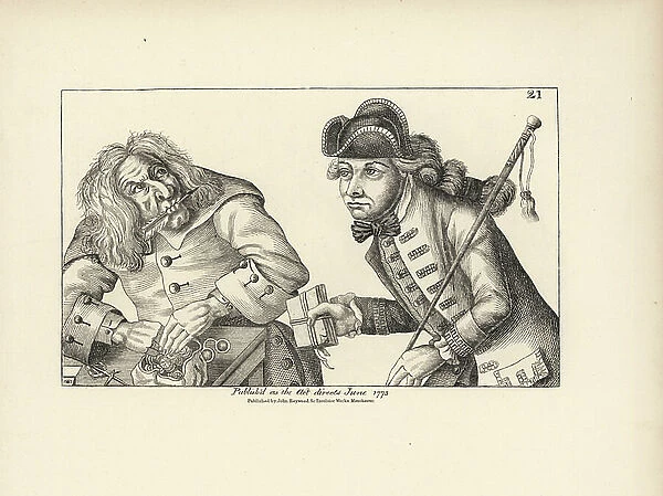 Cartoon of a miser Screwby being duped by a bankrupt aristocrat with a parcel of fake parchments. Copperplate engraving after a satirical illustration by Timothy Bobbin (John Collier) (1708-1786) from Human Passions Delineated, John Haywood