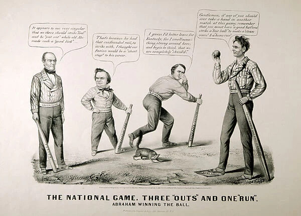Cartoon showing Abraham Lincoln (1809-65) Winning the Ball