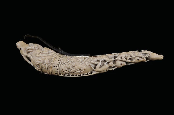 Carved powder horn, North India (ivory with brass stopper)