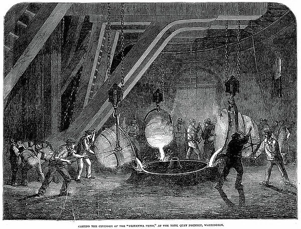 Casting the cylinders for the hydraulic press (lift) used to raise the prefabricated sections of the Britannia Tubular Bridge across the Menai Straits, Wales