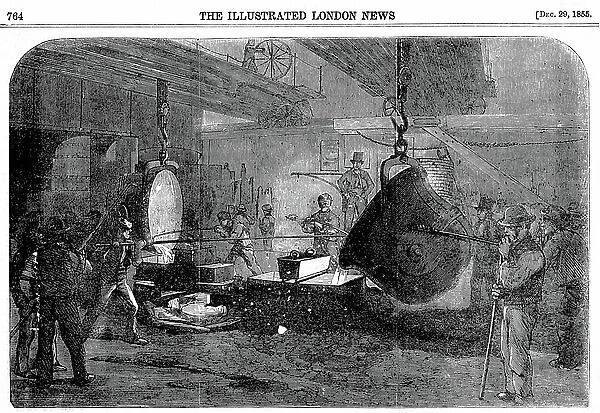 Casting a mortar at Grissell's Regent's Canal Ironworks, City Road, London, 1855 (engraving)