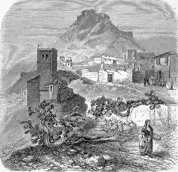 Castle of Lorca in 1860, Murcia, Spain, Historical, digital reproduction of an original 19th century painting, Europe