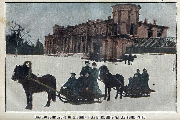 The castle of Ringmundtof, Livonia, plunder and fire by Russian anarchist revolutionaries. Russia, 1907. In ' La-Croix-Illustree', February 10, 1907