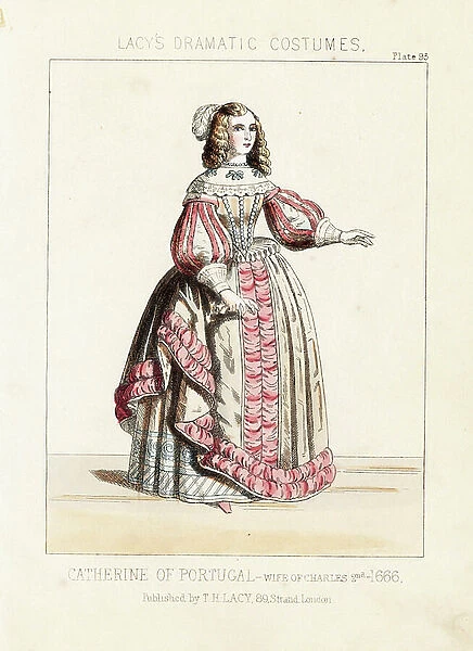 Catherine of Braganza (Catherine de Bragance, 1638-1705), wife of King Charles II, 1666. Handcoloured lithograph from Thomas Hailes Lacy's ' Female Costumes Historical, National and Dramatic in 200 Plates, ' London, 1865