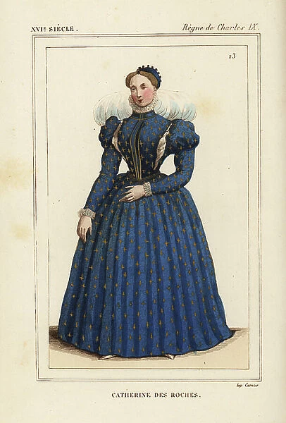 Catherine des Roches, daughter of Madeleine Neveu, writer, reign of King Charles IX of France. Handcoloured lithograph after a portrait in Roger de Gaignieres gallery portfolio IX 44 from Le Bibliophile Jacob aka Paul Lacroix's Costumes Historique