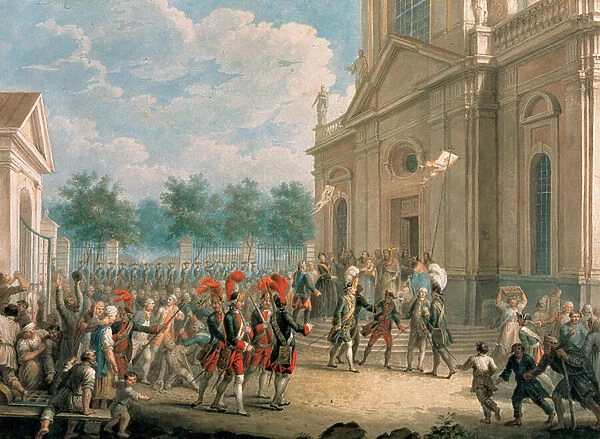 Catherine II (1729-1796) sur les escaliers de la cathedrale de Kazan (Saint Petersbourg), accueillie par le clerge le jour de son accession au trone, le 28 juin 1762