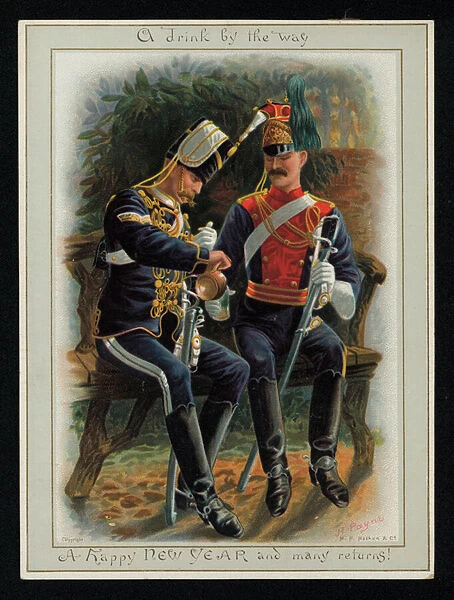 Two cavalry soldiers enjoying a drink, New Years greetings card. (chromolitho)