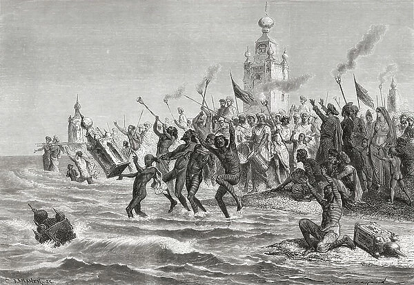 Celebrating the Moharum Festival in remembrance of the martyrdom of Imam Hussein, Bombay, India in the 19th century