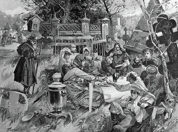 Celebration of the dead on a Russian cemetery, Russia, woodcut circa 1871