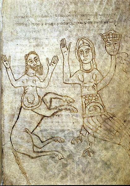 Centaur and other monsters of the Phiiologus (Greek Bestiary). Page from 'Physiologus' (Physiologos or physiologist), 11th century manuscript