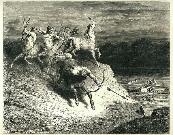 The Centaurs throw arrows against damns coming out of the Styx marshes. Engraving from The Hell by Dante Alighieri (the Divine Comedie) illustrated by Gustave Dore. French edition of 1861. ' Noi ci appressammo a quel proud snelle