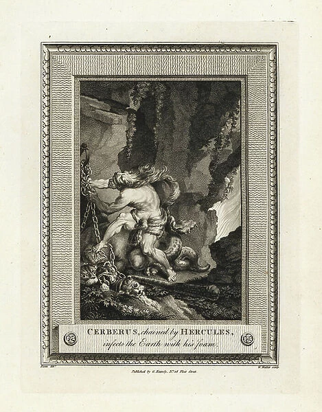 Cerbere, chained by Hercules, infects the earth with his drool - Cerberus, chained by Hercules, infects the Earth with his foam. Copperplate engraving by W