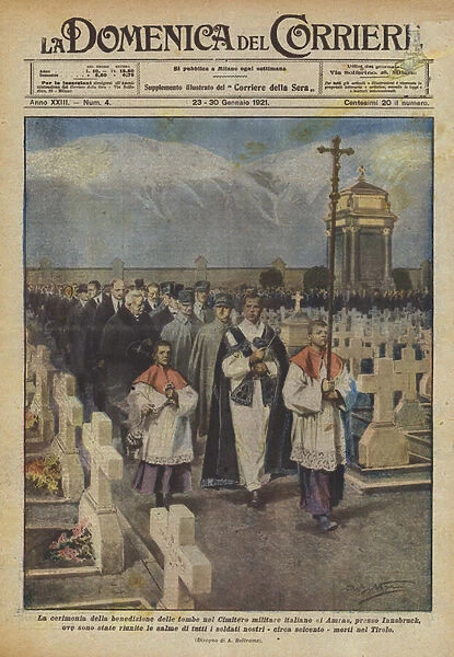 The ceremony of the blessing of the tombs in the Italian Military Cemetery in Amras... (colour litho)