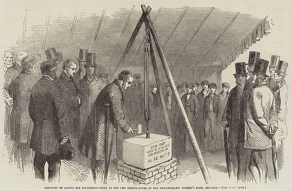 Ceremony of laying the Foundation-Stone of the New School-House at the Philanthropic Societys Farm, Red-Hill (engraving)