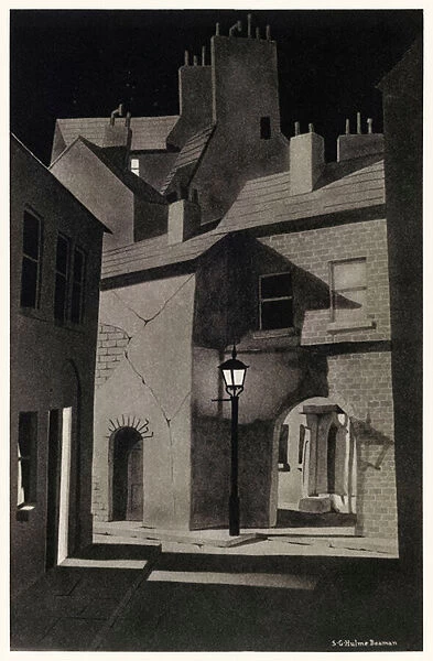 A certain sinister block of building from the Strange Case of Dr Jekyll and Mr Hyde by Robert Louis Stevenson (1850-1894) Illustration by S. G. Hulme Beamam (1887-1932) for a 1930 edition. See more information below