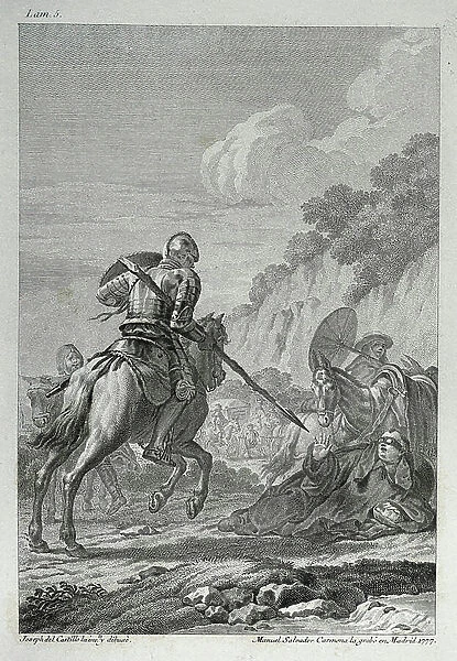 CERVANTES SAAVEDRA, Miguel de (1547-1616). Spanish writer. Illustration of Don Quixote. 1777-. CASTILLO, Jose del (1737-1793). Etching. SPAIN. CATALONIA. Barcelona. Sant Jordi Catalan Royal Academy of Fine Arts