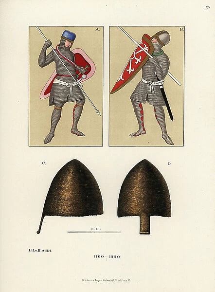 Chainmail suits of armour and helms, 12th century, 1889 (chromolithograph)