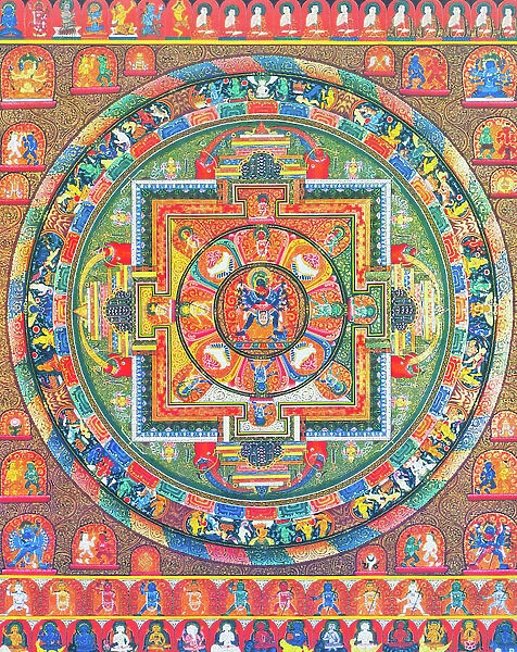 Chakrasambhara Mandala, depicting the main deity Sambhara embracing his consort Vajrabarahi symbolising the union of wisdom and practice to attain supreme bliss (gouache on cloth)