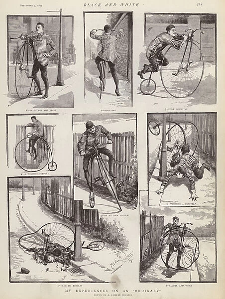 The challenges of riding a penny farthing, or ordinary bicycle (litho)