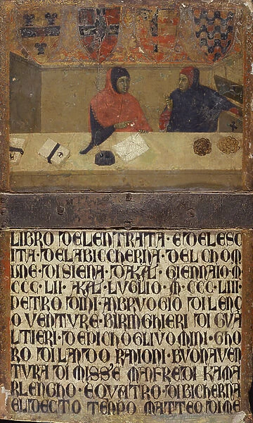 The chamberlain and a writer in their office (painting on wood)