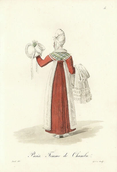 Chambermaid - Chambermaid, Paris, early 19th century, wearing long red dress, white apron, bonnet and collar - Handcoloured copperplate engraving by Gatine after an illustration by Louis-Marie Lante from ' Ouvrieres de Paris' (Tradeswomen of Paris)
