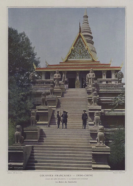 Changing of the guard at the Buddhist temple in the Indo-China section of the Exposition Universelle 1900, Paris (colour photo)