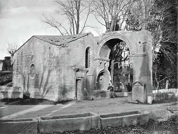 Chapel of Saint-Accurse and arch of Saint-Cesaire at Les Alyscamps, France (b / w photo)