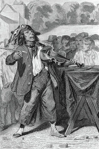 The character of the street singer or public crier (or beggar fiddler) under the Revolution (French street singer or crier) - Engraving from 'Les francais sous la revolution' by Challamel and Tenint, 1843 Private collection