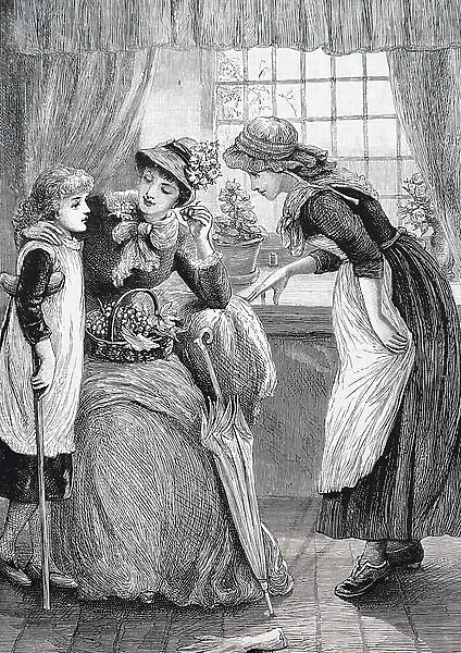 A charitable lady visiting a poor family and helping to care for one of its members who is dying. By Luke Fildes (1843-1927) an English painter and illustrator, 1868 (engraving)