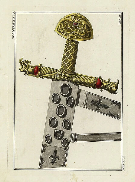 Charlemagne's sword, sheath and hilt. Handcoloured copperplate engraving from Robert von Spalart's Historical Picture of the Costumes of the Principal People of Antiquity and of the Middle Ages