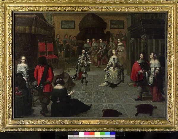 Charles II of England (1630-1685) dancing in The Hague (Netherlands), May 1660, probably with his niece Elizabeth van de Paltz (1616-1680), for the ceremony held to restore his title of King of England