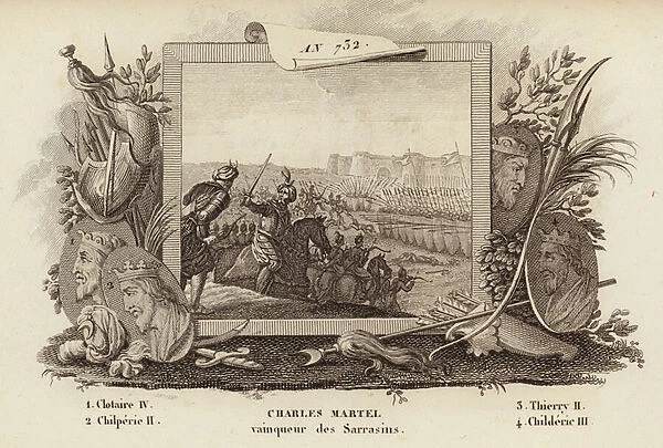 Charles Martel defeating the Umayyads at the Battle of Tours, France, 732 (engraving)