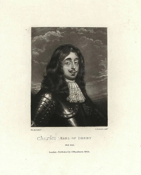 Charles Stanley, 8th Earl of Derby, only son of James Stanley and Charlotte de La Tremouille, 1628-1672. Copperplate mezzotint by Robert Dunkarton after an original miniature painting by Anthony van Dyck from Samuel Woodburn's Portraits of