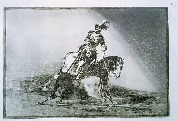 Charles V, Holy Roman Emperor and King of Spain as Charles I (1500-58) spearing a bull in the ring at Valladolid, plate 10 of The Art of Bullfighting, pub. 1816 (etching)