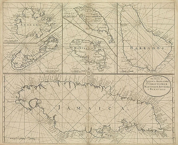 Chart of Jamaica, Barbados, St Christopher, Martinique, Antigua and Bermuda, 1713 (coloured engraving)