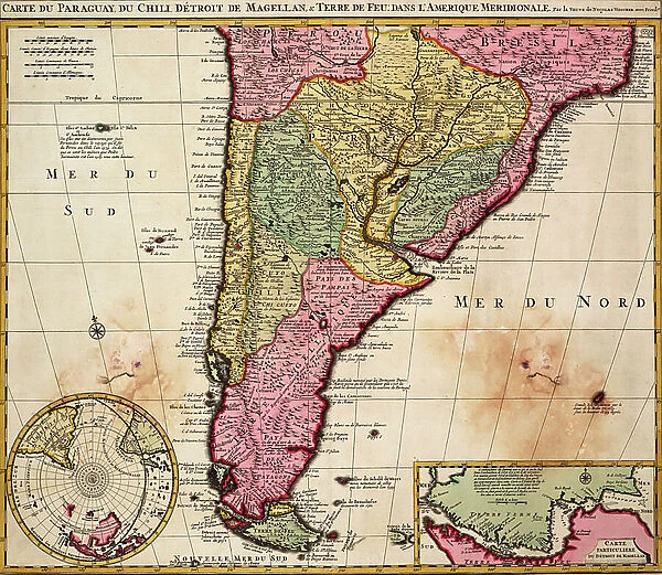 Chart of Paraguay, Chile, Straits of Magellan and Tierra del Fuego in South America, c.1720 (coloured engraving)