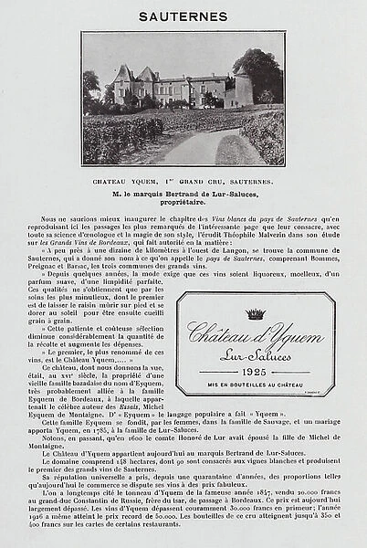 Chateau Yquem, Ier Grand Cru, Sauternes, M le marquis Bertrand de Lur-Saluces, proprietaire (b / w photo)