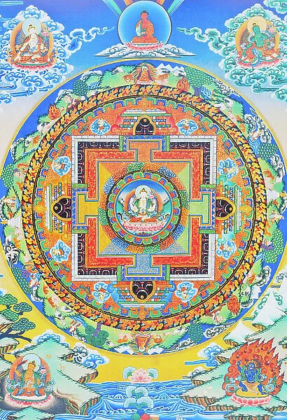 Chenresi mandala; the centre figure depicts the Buddha of compassion, the celestial manifestation of Amitava Buddha, always close to suffering beings (gouache on cloth)
