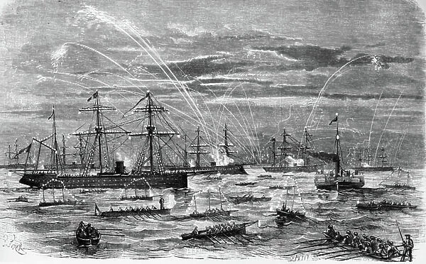 Cherbourg, July 27, 1867: Night party in the harbor, given by the brazen squadron to H.M. the Impress returning from England (drawing)