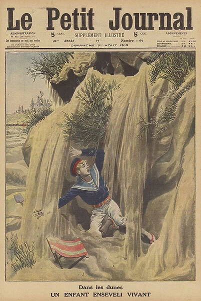 A child buried alive by a collapsing sand dune at the beach (colour litho)