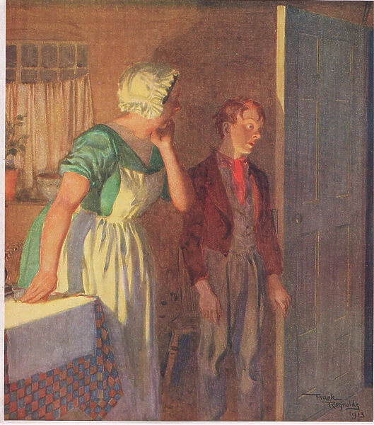 The child hastened to the door, and disappeared as rapidly as she had come, c.1920 (colour litho)