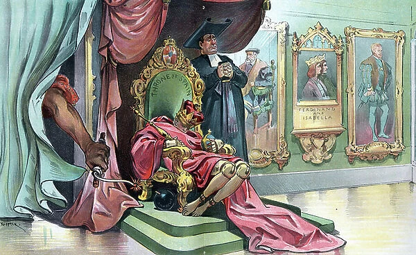 The child king Alfonso XIII as a wooden puppet slumped over on the Throne of Spain, 1898