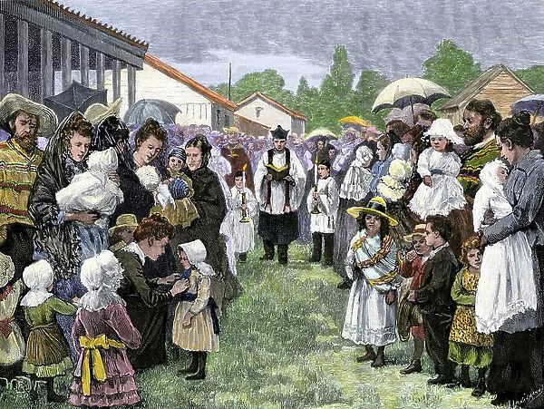 Children attending a baptismal mass in San Jose, Chile, circa 1800. Color lithography, 19th century