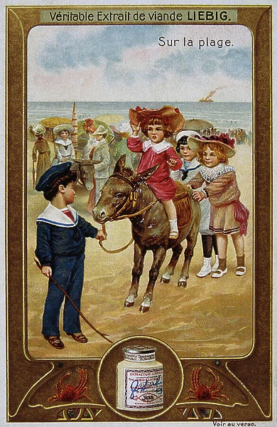 Children on a Beach donkey, Liebig Card France, 1900 (print)