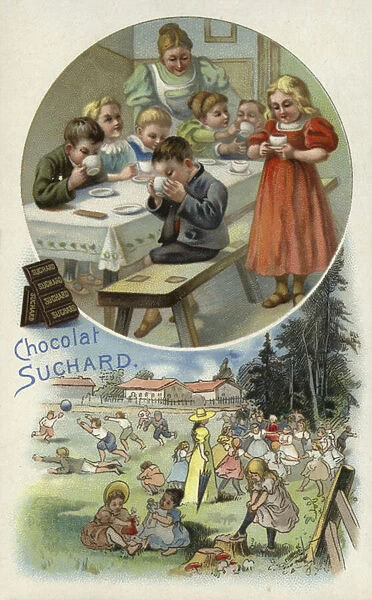 Children enjoying Suchard chocolate at a nursery (chromolitho)