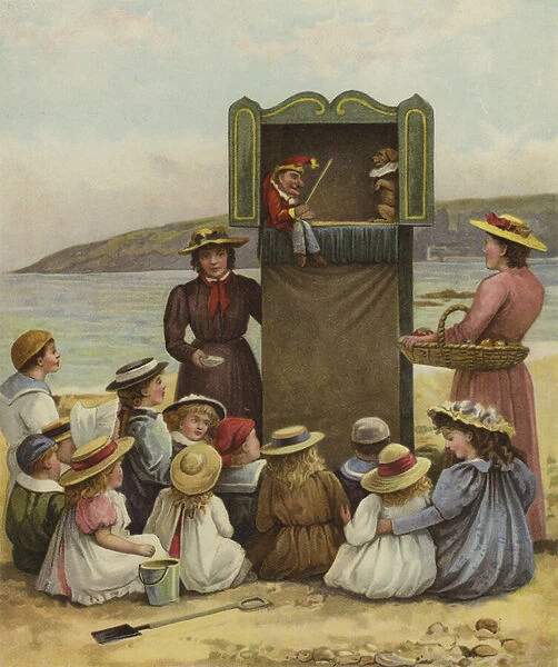 Children watching a Punch and Judy show at the beach (chromolitho)