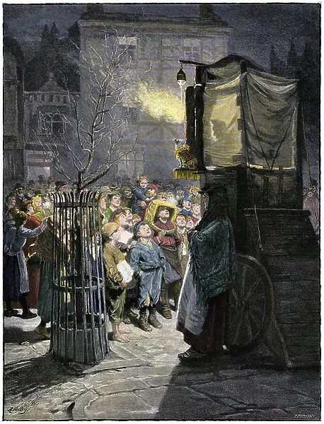 Children watching a Punch and Judy show on a London street, 1800s