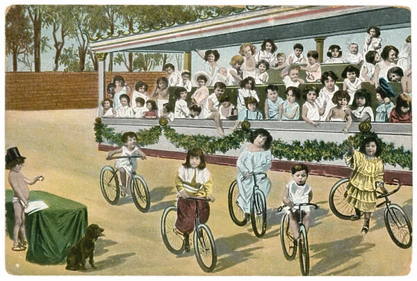 Childrens bicycle race (colour litho)