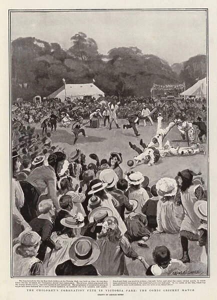 The Childrens Coronation Fete in Victoria Park, the Comic Cricket Match (litho)