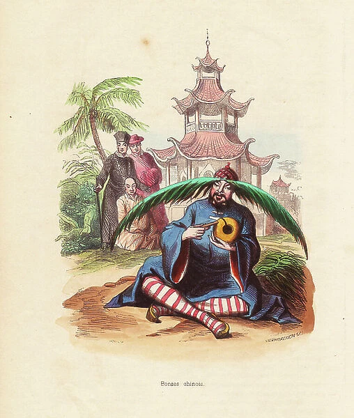 Chinese bonze - Chinese monk with palm leaf hat sitting in front of a pagoda - Handcoloured woodcut by Vermorcken after an illustration by H. Hendrickx from ' Mores, Uses et Costumes de tous les Peuples du Monde, Asie, ' by Auguste Wahlen